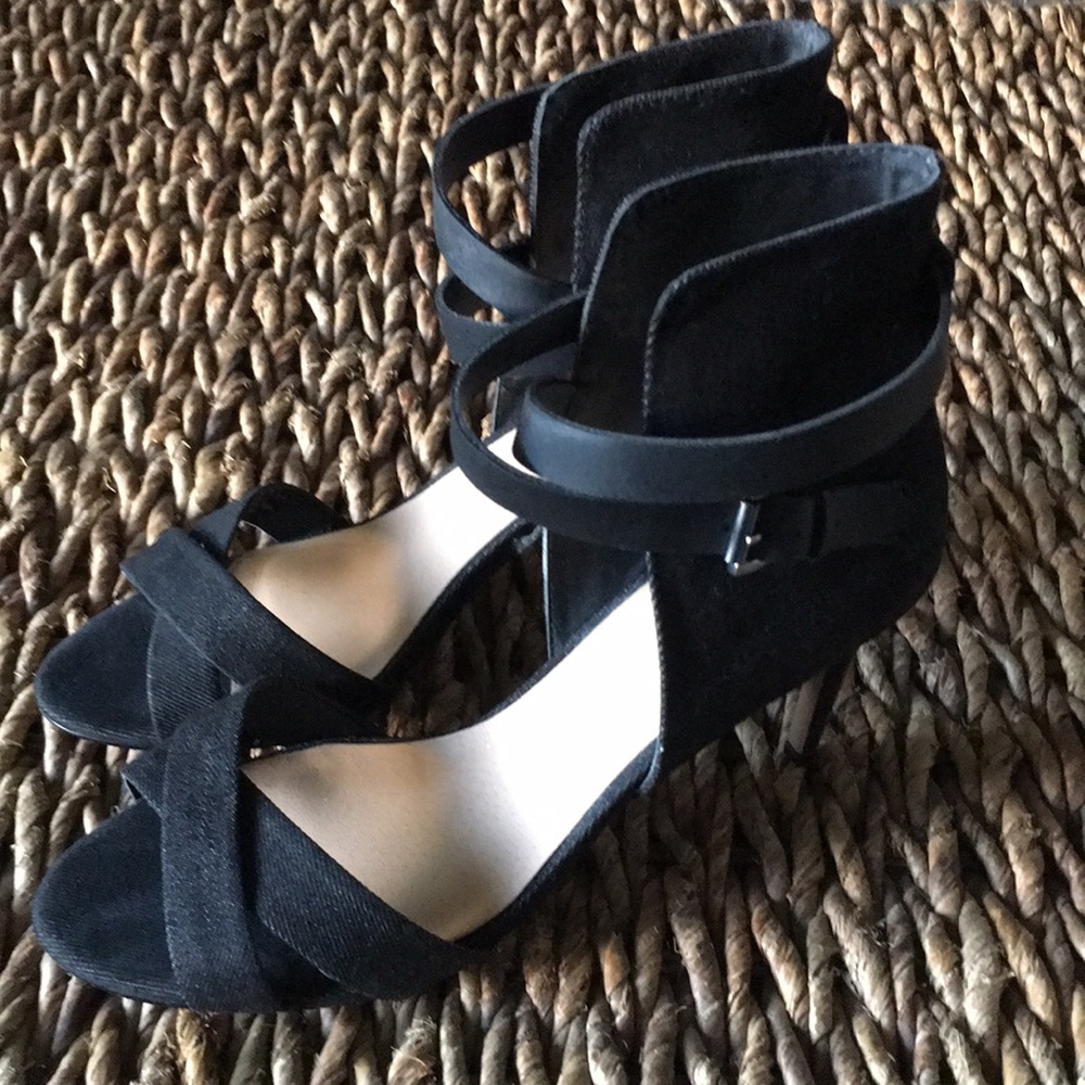 Joe’s heels. Black denim fabric. Buckle strap around ankle. Size 8.5